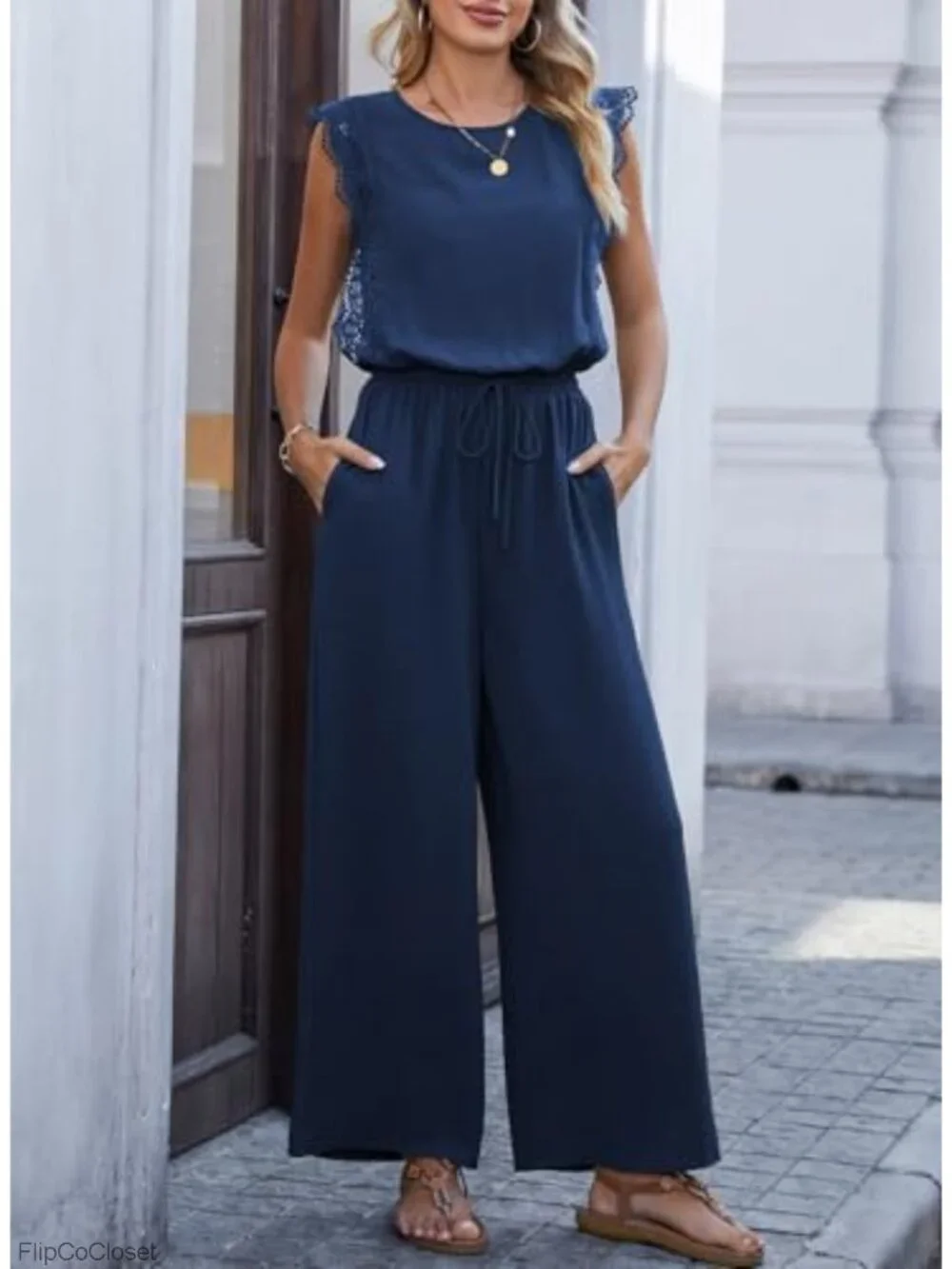 Lace Cap Sleeve Wide Leg Jumpsuit with Pockets